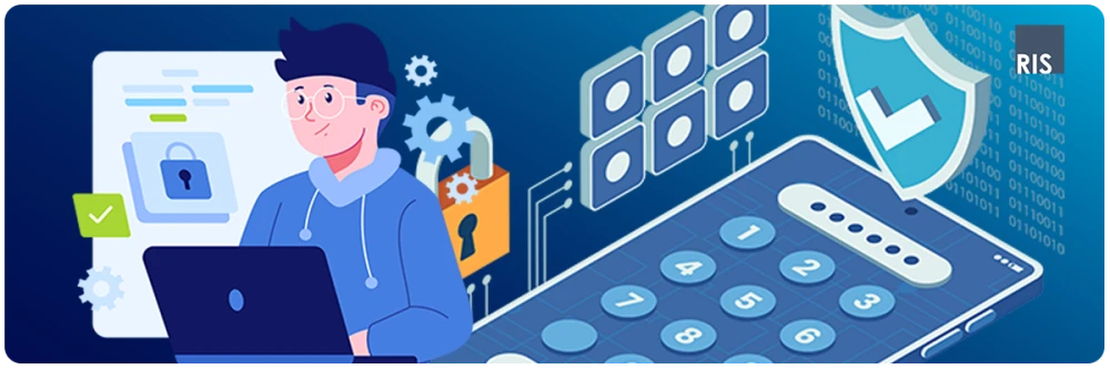 An illustration of a person using a laptop, surrounded by cybersecurity icons such as a padlock, a shield, and a smartphone displaying a password keypad. This image represents the importance of a comprehensive security approach, combining user diligence, strong password protection, and robust IT solutions to defend against cyber threats.