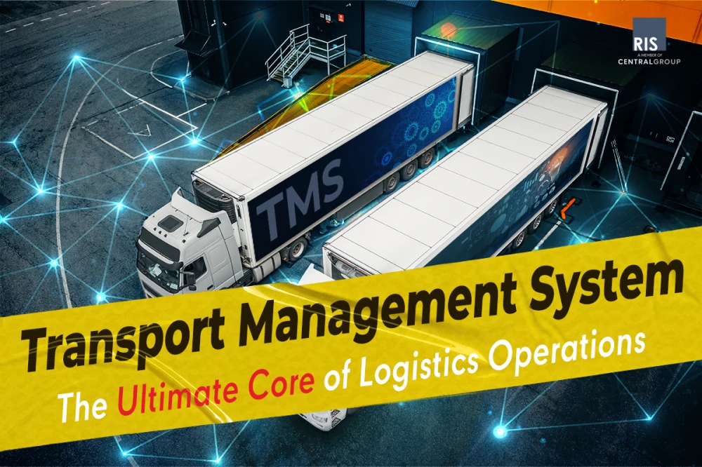 Two white semi-trucks with 'TMS' branding at a modern warehouse loading dock, overlaid with a digital network graphic, emphasizing a Transport Management System as the core of logistics operations by RIS.