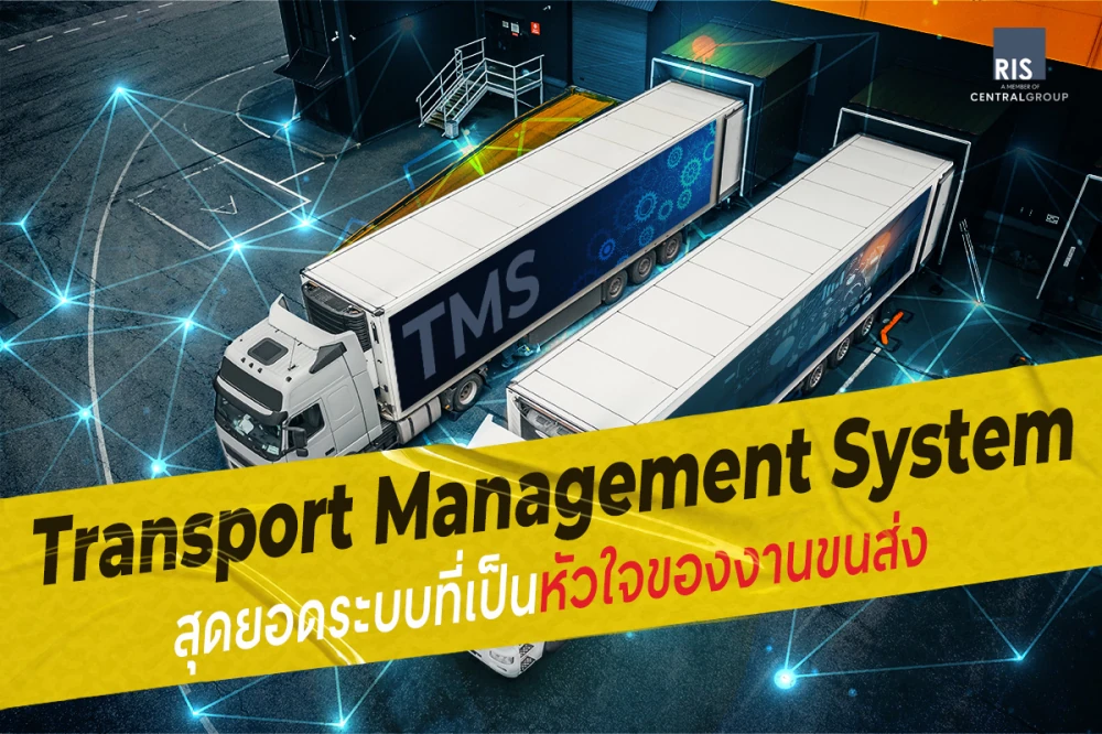 รถบรรทุกกึ่งพ่วงสีขาวสองคันที่มีโลโก้ 'TMS' จอดอยู่ที่ท่าขนถ่ายสินค้าของคลังสินค้าที่ทันสมัย พร้อมภาพกราฟิกเครือข่ายดิจิทัลซ้อนทับ เน้นย้ำถึงระบบบริหารจัดการการขนส่ง (Transport Management System) ในฐานะหัวใจหลักของการดำเนินงานโลจิสติกส์ โดย RIS
