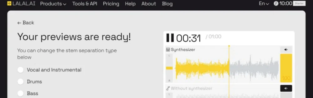 Screenshot of the LALAL.AI platform showing audio stem separation options like 'Vocal and Instrumental,' 'Drums,' and 'Bass.' Useful for content on AI music production, audio processing, and creative technology.