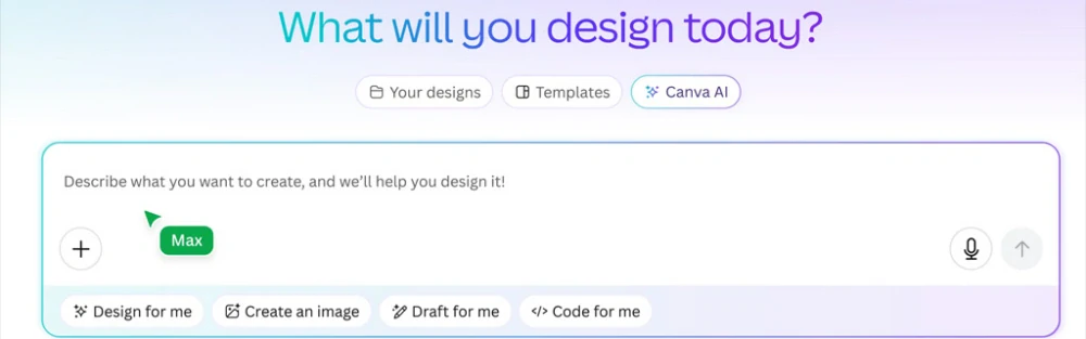 Screenshot of the Canva design platform, showing its AI-powered features for generating designs, images, drafts, and code based on user prompts. Useful for content on AI design, graphic creation tools, and generative AI in creative workflows.