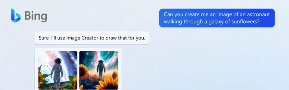 Screenshot of Bing Image Creator illustrating AI's capability to generate creative visuals, showing an astronaut walking through a galaxy of sunflowers. Ideal for content on artificial intelligence, machine learning in creative fields, and generative AI for digital solutions.