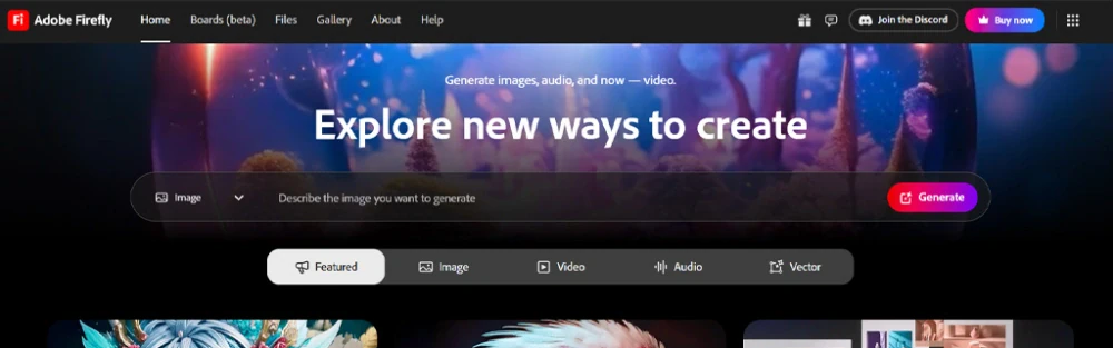 Screenshot of the Adobe Firefly platform, an AI creative tool, featuring its main interface for generating images, audio, and video. Useful for content on generative AI,creative technology, and digital content creation tools.