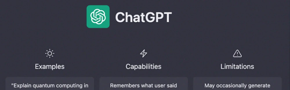 Screenshot of the ChatGPT platform, an AI language model by OpenAI, detailing its core features including examples, capabilities like remembering user input, and known limitations. Relevant for content on artificial intelligence, natural language processing, and conversational AI.