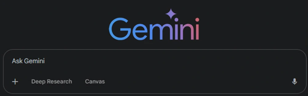 Screenshot of the Google Gemini AI platform's interface, featuring the 'Ask Gemini' input field and options like 'Deep Research' and 'Canvas'. Ideal for content discussing conversational AI, advanced search, and generative AI applications.
