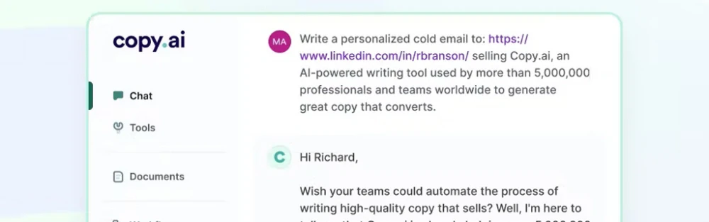 Screenshot of the Copy.ai AI writing platform, displaying a generated personalized cold email for Richard Branson. Useful for content on AI copywriting, sales automation, and marketing technology.