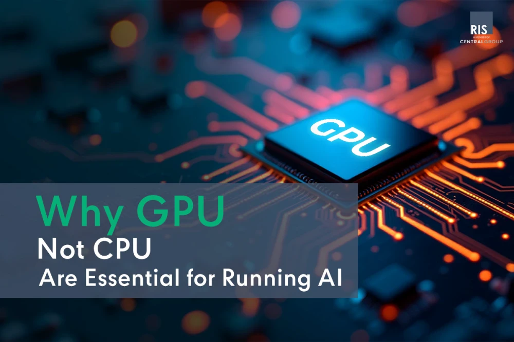 Close-up of a glowing blue GPU chip on a circuit board, illustrating the power of Graphics Processing Units for AI and Machine Learning, with the text 'Why GPU Not CPU Are Essential for Running AI