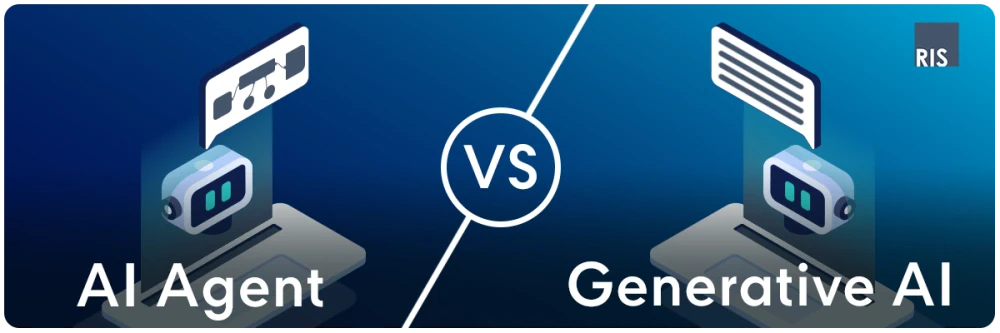 An illustration comparing AI Agent and Generative AI, showing two laptops representing each technology side-by-side. The image visually explains the distinction between an AI Agent's autonomous task execution and Generative AI's content creation capabilities, relevant for articles on advanced AI, enterprise AI, and digital transformation.