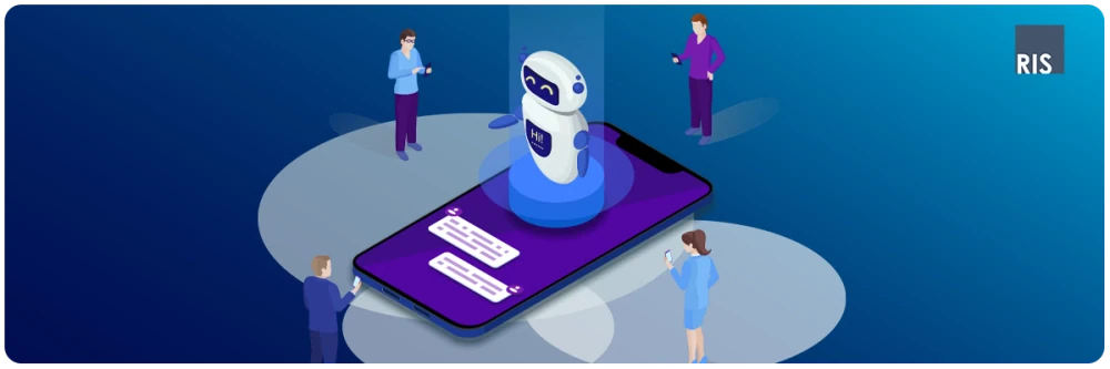 An illustration showing a humanoid chatbot or AI assistant robot appearing from a large smartphone screen, surrounded by four people interacting with the device. This image represents user engagement with mobile AI assistants, conversational AI, and digital customer service solutions.