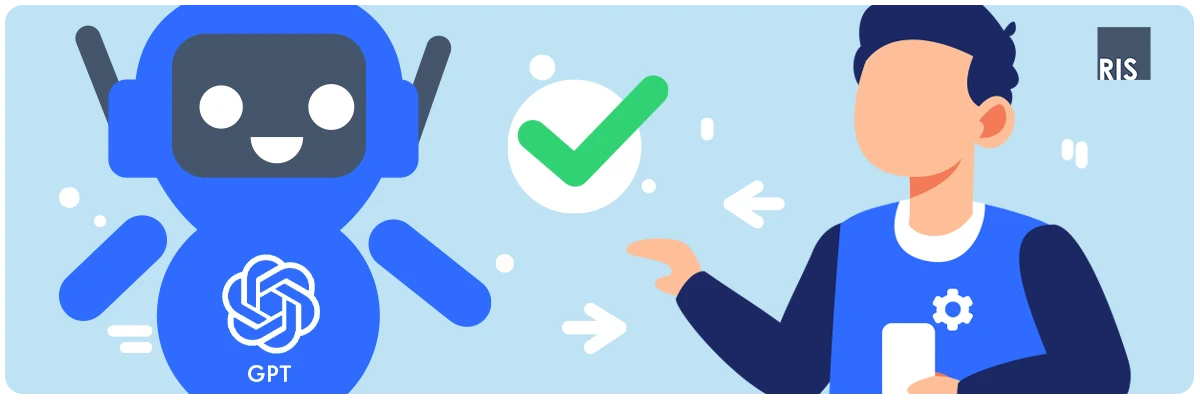 An illustration depicting a human figure and a friendly blue AI robot, identified with the GPT/ChatGPT logo, engaging in a positive interaction. A prominent green checkmark between them symbolizes successful collaboration, validation, or a verified outcome in human-AI interaction.