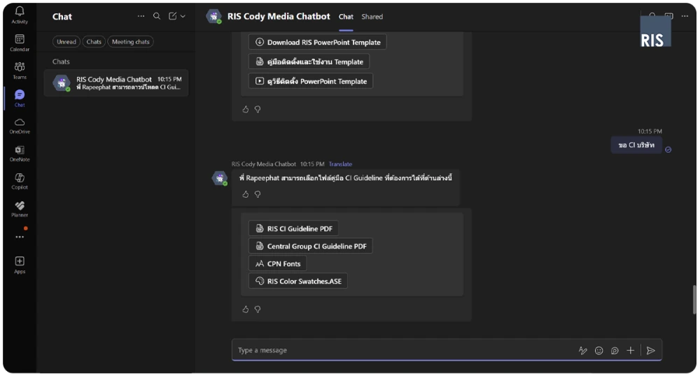 A screenshot of the RIS AI Agent chatbot user interface within Microsoft Teams, showing a sample conversation where a user requests and receives a file.