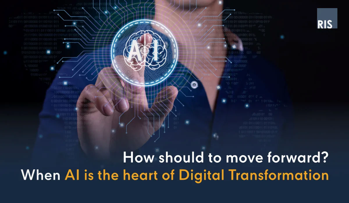 A person's hand touching a glowing AI brain icon on a digital interface, with binary code in the background, illustrating the integration of AI as the core of digital transformation strategies.